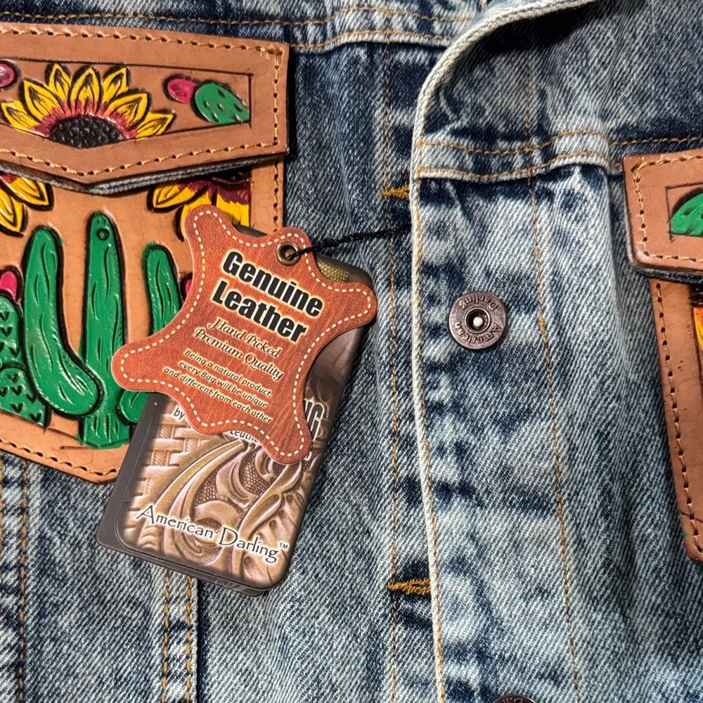 NWT American Darling Denim Jacket with Brown Fringe and Floral Cactus Design - Picture 4 of 4